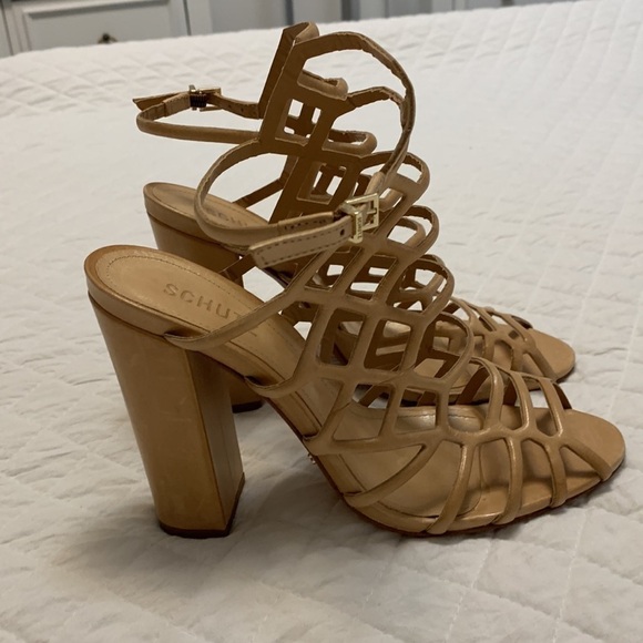 SCHUTZ Jaden caged sandals heels leather sole cream tan colour block heel sz 9B - Picture 11 of 17